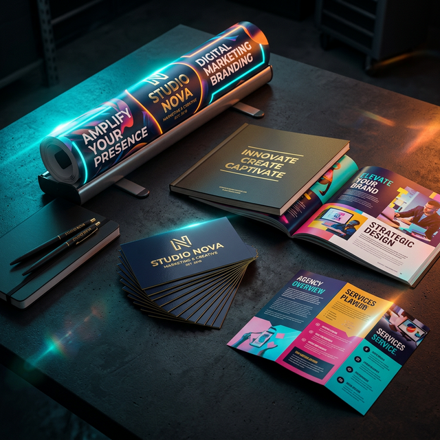 Premium advertising print materials — business cards, brochures and banners by MARA Adverts